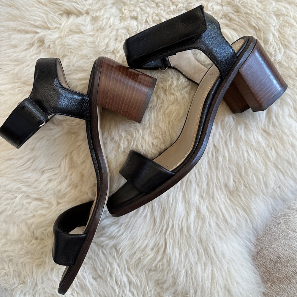 Theory Black Leather Wood Heel Sandal